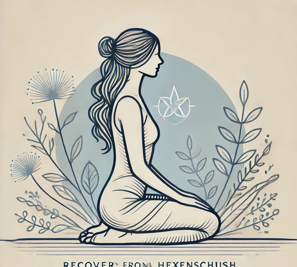 Eine Frau sitzt im Fersensitz in einer meditativen Position, umgeben von Pflanzen und Blumen, mit einem beruhigenden, naturinspirierten Hintergrund.