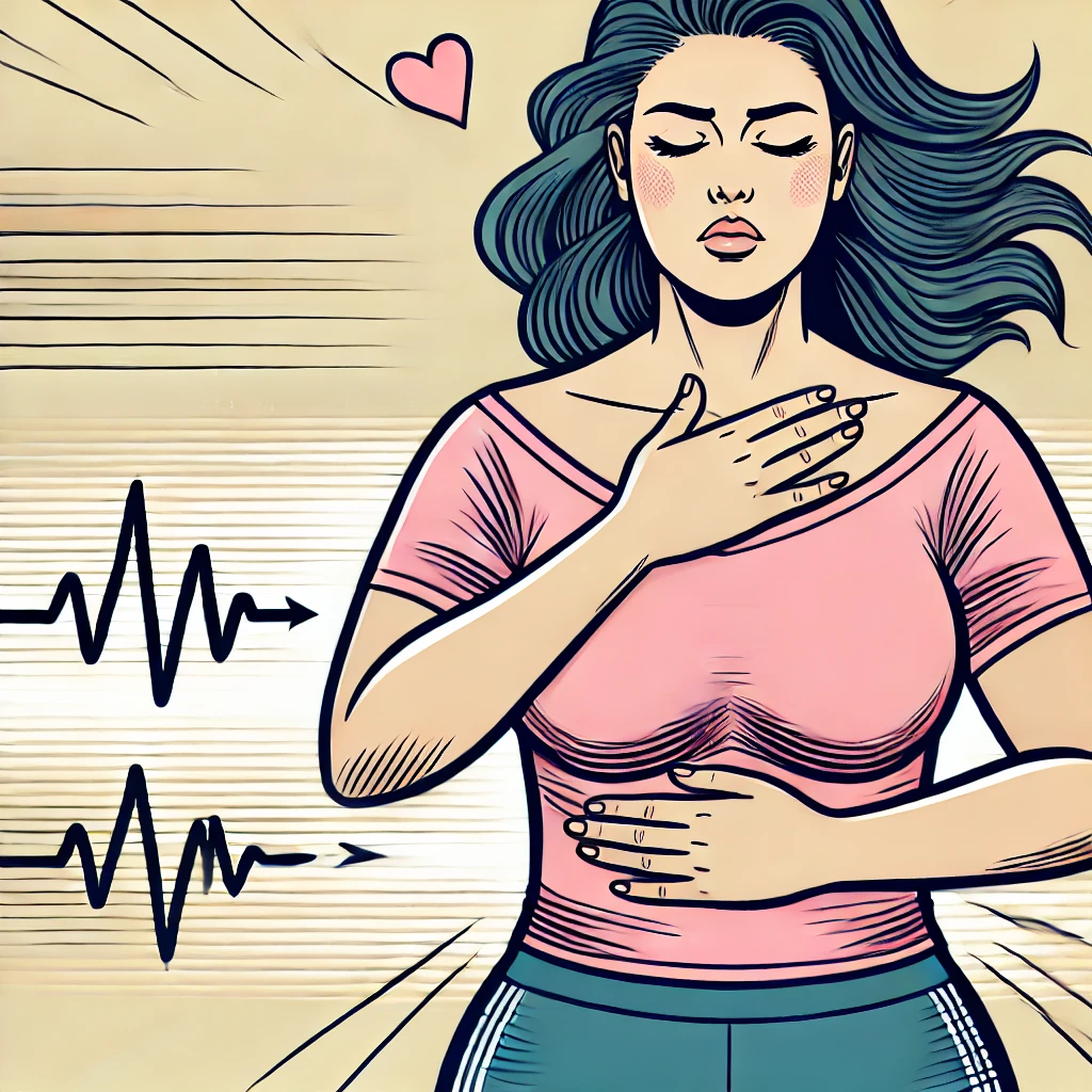 Eine Frau praktiziert Atemübungen, hält ihre Hand auf die Brust und den Bauch, während ein Herzsymbol und Atemwellen gezeichnet sind