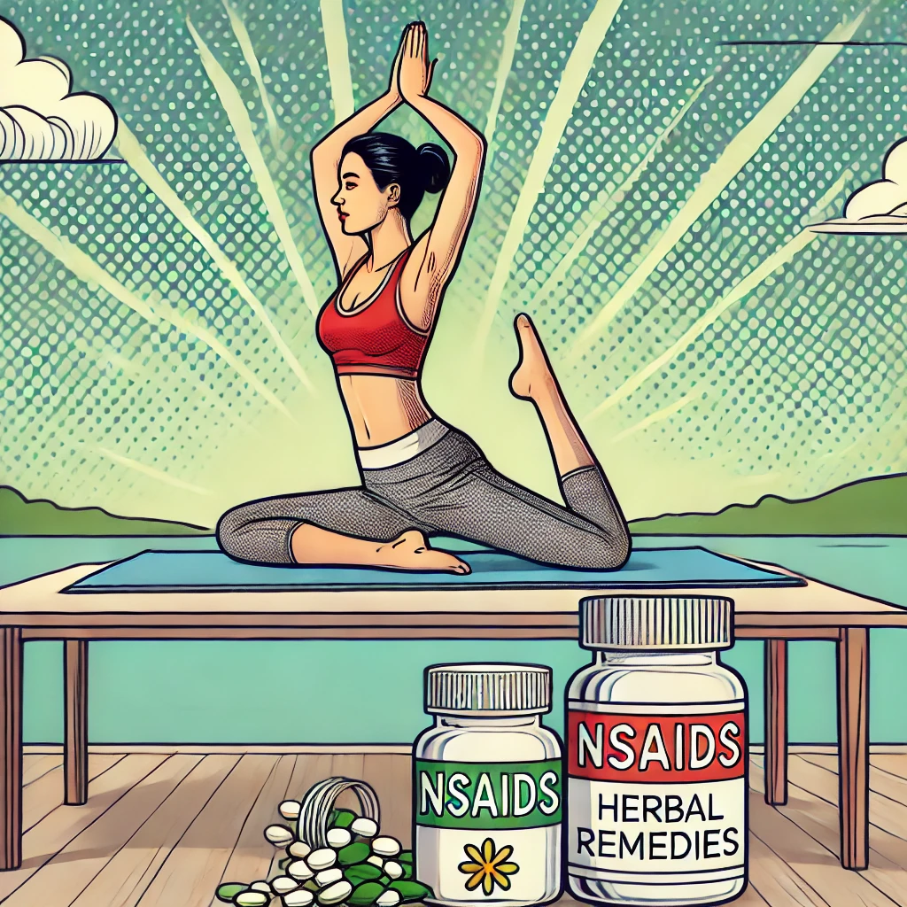 Eine Frau praktiziert Yoga in einer eleganten Pose auf einer Matte, im Vordergrund stehen Flaschen mit der Aufschrift ‚NSAIDs‘ und ‚Herbal Remedies‘.